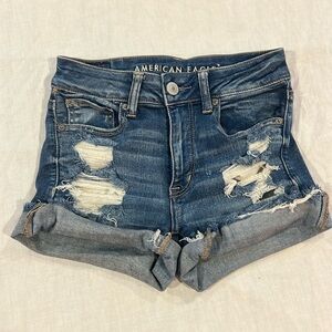 american eagle next level stretch hi-rise shortie short mid wash cotton size 2